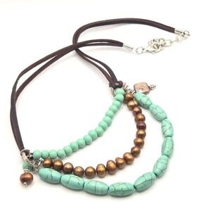 Boho Layered Necklace‎ Howlite Pearl Wood Beads Leather Cord 20" Adjustable